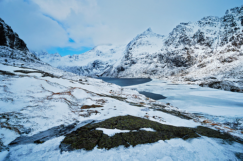 Norwegian fjord in winter. Lofoten islands, Norway