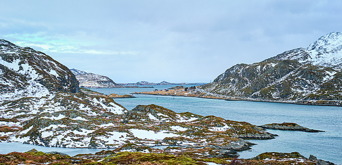 Panorama of norwegian fjord in winter, Lofoten islands, Norway