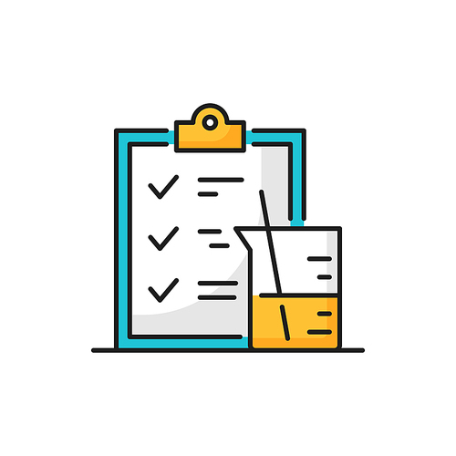 Medicine physics genetics clipboard, gmo checklist and glass measuring container isolated thin line icon. Vector measure cup with material elements of genetics and bioengineering, lab document