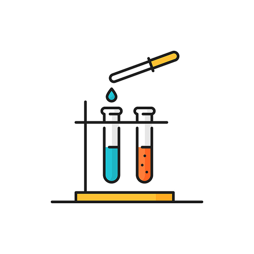 Lab glassware droplet and flask, gene engineering isolated line icon. Vector beakers stand, eyedropper with falling drop. Modified food, genetics, chemistry and physics scientific research, pharmacy
