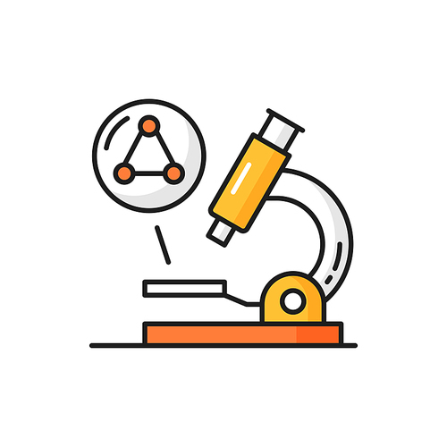 Microbiology, genetic structure under microscope isolated color line icon. Vector nanotechnology and microbiology research tool. Cell or blood research, biotechnology biochemistry chemical equipment