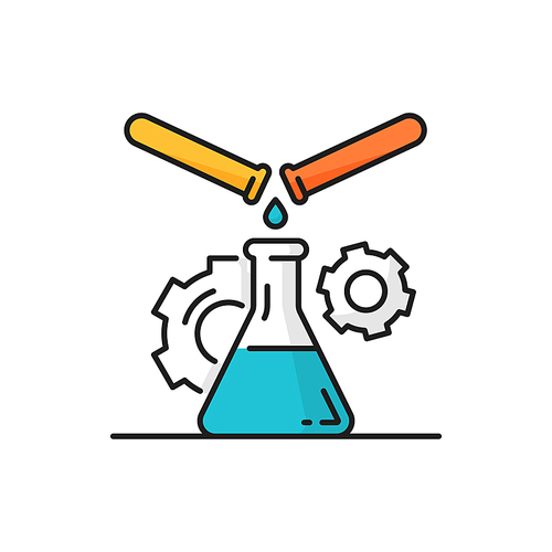 Test tubes and beaker, lab experiment in genetics, rotating gear cogwheel mechanism isolated line icon. Vector laboratory research glassware, gene engineering tubes and flask, chemistry and biology