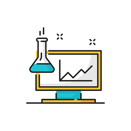 Computer with charts and beaker chemical glassware isolated line icon. Vector biochemistry chemistry, pharmacy and genetics beaker for experiments. Scientific biotechnology research, screen display