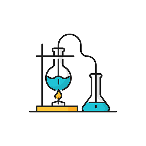 Scientific research flasks, genetics modifications, liquid in round bottom flask being heated over Bunsen burner isolated line icon. Vector laboratory research glassware, equipment for experiments