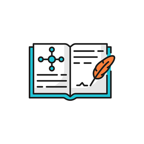 Scientific magazine, genetics engineering book with feather pen isolated icon. Vector tests and experiments, laboratory notes, molecule or atom dna structure genome, scientific magazine and molecules