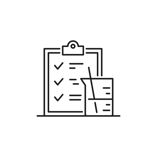 Document, exam check list in medicine and physics isolated thin line icons icon. Vector container with material elements of genetics and bioengineering. Clipboard with gmo questionnaire, lab documents