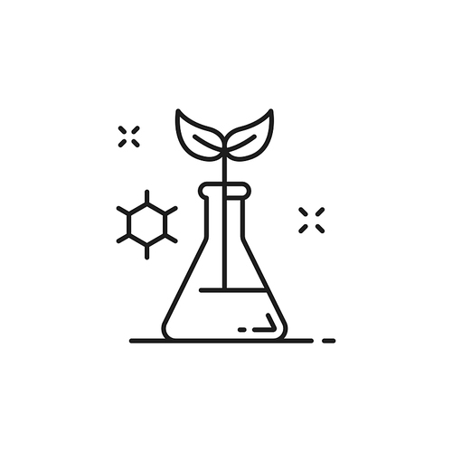 Genetically modified sprout in flask isolated thin line icon. Vector exploring new methods of plant breeding and agricultural genetics. Vegetable hydroponic system, agriculture in greenhouse