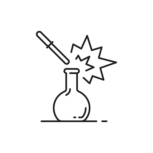 Droplet and flask, gene engineering modified food production, genetics, chemistry and physics concept isolated thin line icon. Vector scientific research, pharmaceutical glassware, laboratory beakers