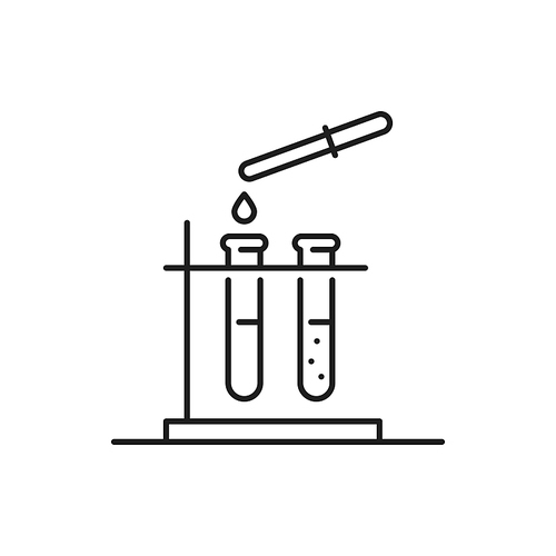 Gene engineering, beakers on stand and eyedropper with falling drop isolated thin line icon. Vector modified food, genetics, chemistry and physics scientific research, pharmaceutical lab glassware