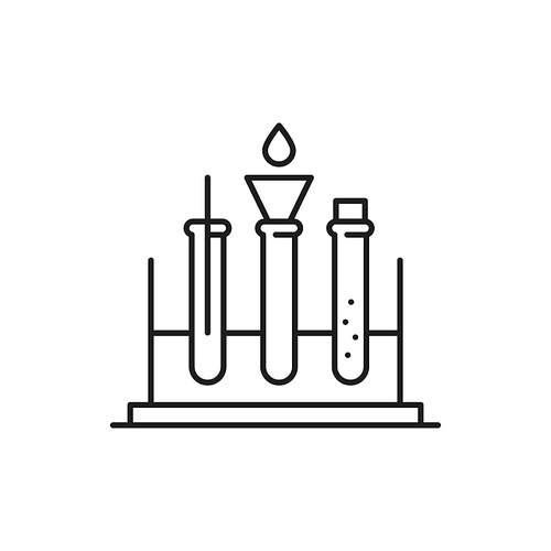 Test tubes on stand, laboratory beakers with with dropping drop isolated medical glassware thin line icons. Vector scientific research laboratory flasks, genetics and physics, biochemistry chemistry