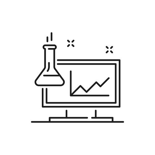 Laboratory equipment computer screen with charts and glassware, biochemistry chemistry, pharmacy and genetics beaker for experiments isolated thin line icon. Vector scientific biotechnology research