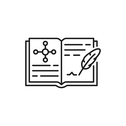 Genetics engineering book, medical journal to write down results of tests and experiments isolated thin line icon. Vector laboratory notes, molecule or atom dna structure genome, scientific magazine