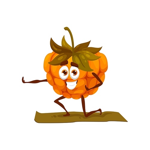 Cartoon cloudberry fruit character personage on yoga or pilates fitness sport. Funny cloudberry or knotberry in yoga pose or training exercise in gym, healthy food emoticon