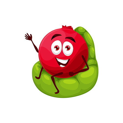 Cheerful cartoon cranberry sitting on inflatable chair. Vector fresh berry character with funny smiling face waving hand. Isolated ripe garden plant mascot, sweet dessert relaxing on beanbag armchair