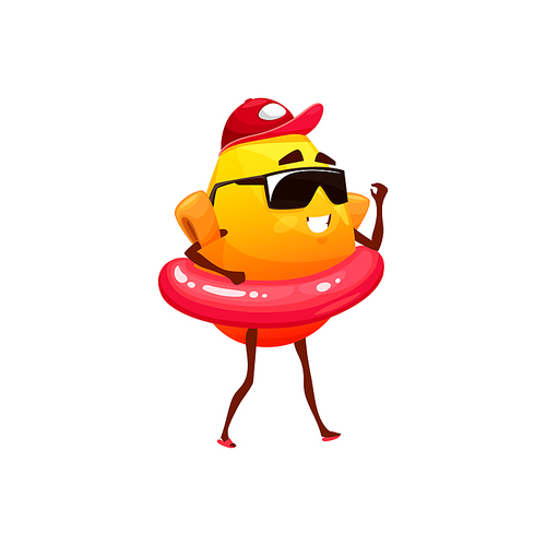 Mango cartoon character in glasses and cap isolated funny fruit on vacation. Vector smiling mango in lifebuoy swimming safety equipment, tropical exotic fruit on rest, healthy juicy vitamin