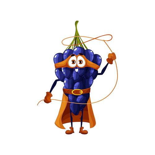 Cartoon grape cowboy superhero character, vector super hero bunch personage in cape and mask spinning lasso. Funny cheerful fairytale healthy food, brave garden fruit ready for adventure feat