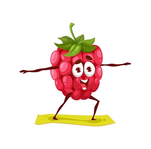 Cartoon raspberry berry character in yoga pose. Vector funny smiling personage stand on mat with outspread arms. Zen, wellness, meditation class, health and mind balance, comic fruit yogi practice