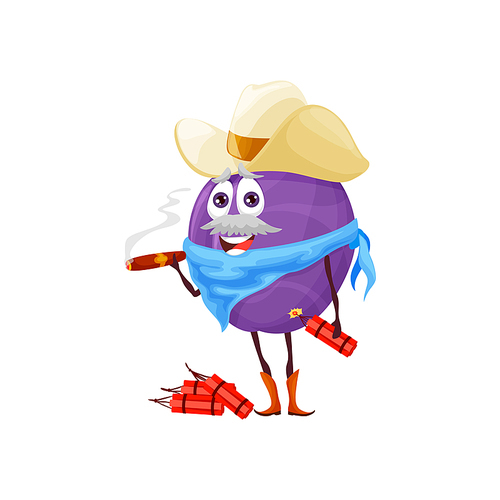Cartoon plum cowboy, sheriff, robber, bandit and ranger fruit character. Vector wild west personage smoking cigar with dynamite in hand. Mustached hero wear boots and hat western texas mascot