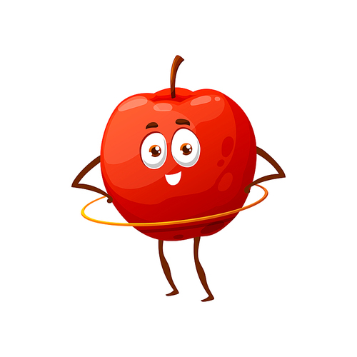 Cartoon apple isolated happy cartoon character doing gymnastic exercises with hula hoop. Vector summer fruit hobby sport activity, exercising with hoop. Healthy apple active way of life, fitness sport