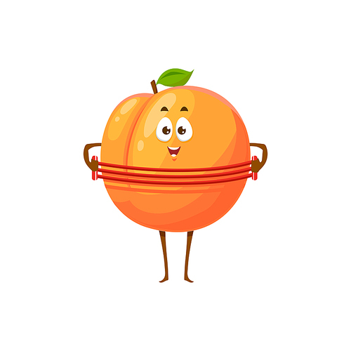 Cartoon apricot fruit sportsman vector icon, funny character stretching expander doing sport exercises isolated on white background. Healthy food, sports lifestyle, organic nutrition symbol