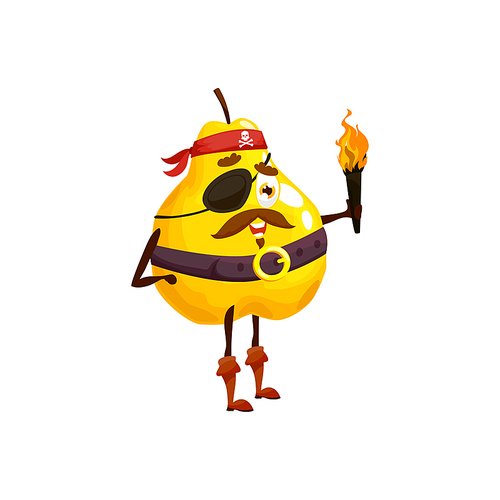Pear or tropical guava fruit isolated cartoon character pirate emoticon in eye patch and bandana. Vector ripe garden or forest pear corsair and buccaneer emoji with burning torch. Pirate captain