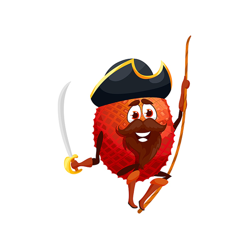 Red lychee fruit pirate emoticon cartoon character isolated lychee in corsair hat on rope with sword. Vector summer food dessert with beard, buccaneer funny emoji hero marine seafarer rambutan