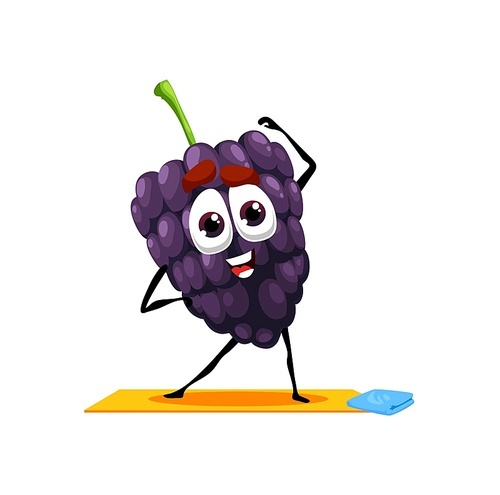 Cartoon funny blackberry fruit character in yoga pose, vector berry personage. Funny blackberry making fitness or yoga exercise, kids sport personage of healthy vitamins and funny emoticon