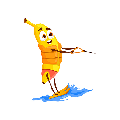 Banana in life jacket surfing on water skis isolated cartoon character. Vector yellow summer fruit waterskiing, kiteboarding sport activity. Food emoticon on holiday summertime vacation rest