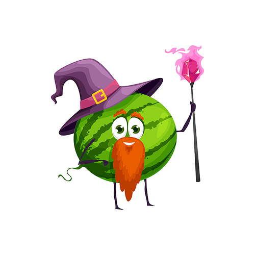 Cartoon watermelon fruit wizard or magician character. Vector necromancer personage with magic staff. Funny wiz in hat with ginger beard on smiling face. Cute sorcerer garden fruit, healthy food