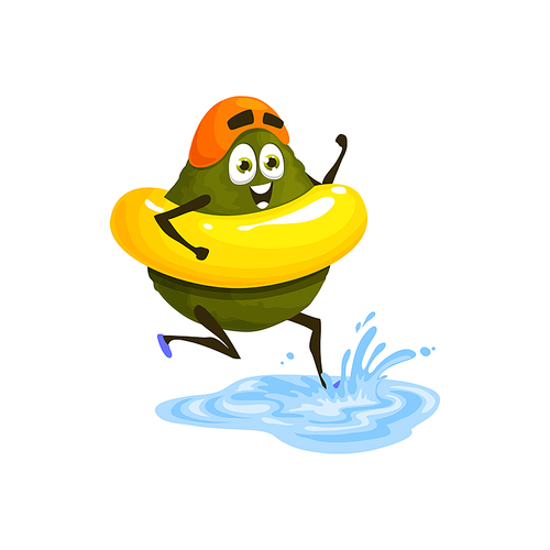 Avocado happy character in swimming circle in water isolated cartoon emoticon, kids food. Vector funny vegetable on rest, cute veggie on summer vacation, healthy organic eating, food for children