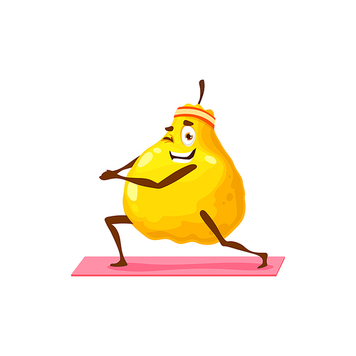 Cartoon pear with sport band on head isolated happy cartoon character. Vector summer fruit hobby sport activity, healthy fruit active way of life, fitness workout, smiling pear on yoga mat blink eye