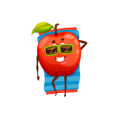 Apple summer fruit character in sunglasses lying on towel isolated funny emoticon on rest. Vector food character summertime leisure activities on beach, travel vacation of farm apple, sunbathing fruit