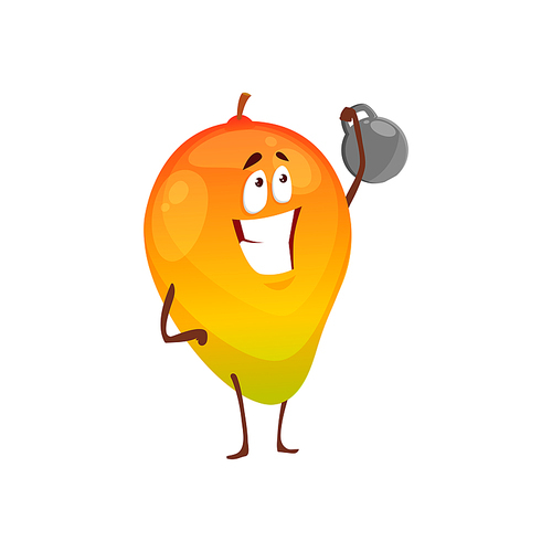 Cartoon mango fruit sportsman vector icon, funny character workout with dumbbell doing sport exercises isolated on white background. Healthy exotic food, sports lifestyle, organic nutrition symbol