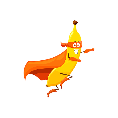 Funny cartoon banana fruit superhero character. Vector isolated flying super hero personage in cape, boots, gloves and mask fly with raised arm. Fairy tale healthy food, smiling character