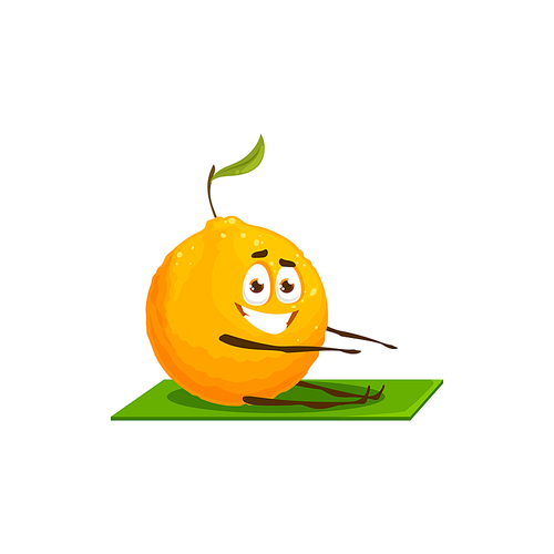 Mandarin, clementine, orange citrus fruit with leaf isolated cartoon character stretching on yoga mat on fitness. Vector tangerine healthy vegetarian food, exotic tropical dessert sport workout