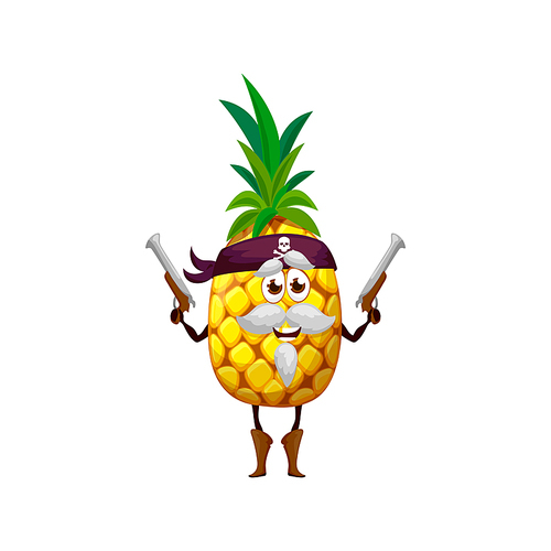Exotic pineapple isolated tropical fruit cartoon character old pirate in bandana with guns. Vector ananas with green leaves, food emoticon corsair or buccaneer captain jolly roger with shotguns