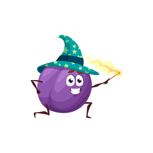 Cartoon purple plum fruit wizard or magician character. Vector funny damson necromancer wear astrologer or witch hat making spell with magic wand. Funny wiz conjurer, sorcerer, fascinator personage