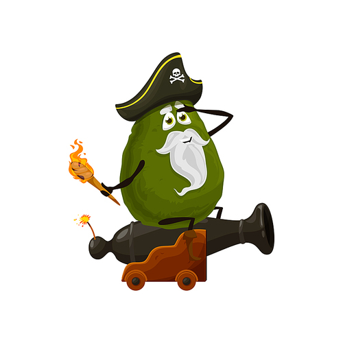 Avocado vegetarian fruit isolated veggie food pirate emoticon with torch sitting on gun in captain hat with jolly roger. Vector pear-shaped corsair buccaneer cartoon character with beard, mustaches