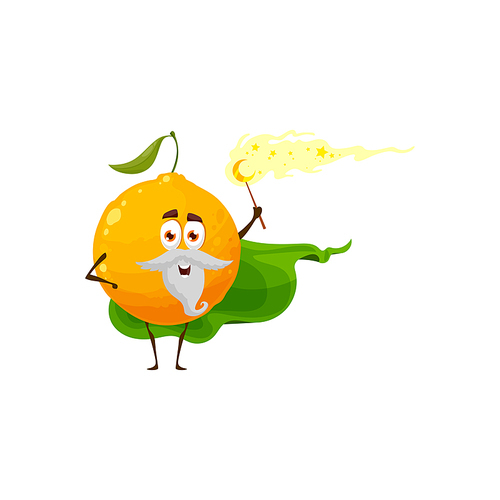 Cartoon orange fruit wizard or magician character, vector senior citrus with grey beard and magic wand making spell. Funny smiling sorcerer in green cape, healthy fascinator personage, wiz conjurer