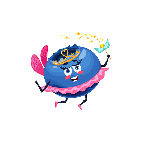 Cartoon blueberry fairy, vector cute winged blue berry wear diadem, pink tutu holding magic wand. Funny sorceress, princess healthy food character. Female girl blackberry elf, fantasy pixie personage