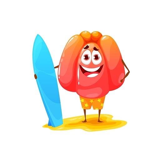 Cartoon funny pudding character with surfboard. Cheerful vector jelly dessert personage with board for surfing on summer beach. Sport, healthy lifestyle, dieting nutrition, energy and vitamins in food