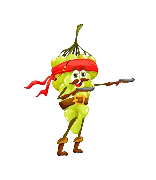 Cartoon grape pirate character with gun. Corsair or captain filibuster, vector personage. Funny grape fruit as Caribbean pirate sailor in bandana with pistol guns