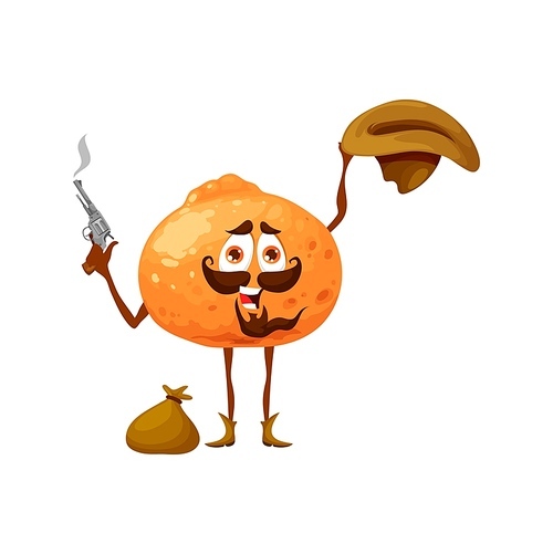 Cartoon tangerine or mandarin robber character. Vector citrus bandit, cowboy or ranger fruit, wild west hero in hat, boots, with gun and money sack. Western personage healthy food, horseman vitamin