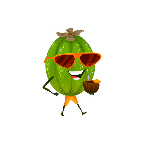 Cartoon cheerful feijoa character drink coconut cocktail. Vector tropical fruit, fresh plant wear swimming shorts and sunglasses relax on beach or pool. Funny personage fun on vacation with beverage