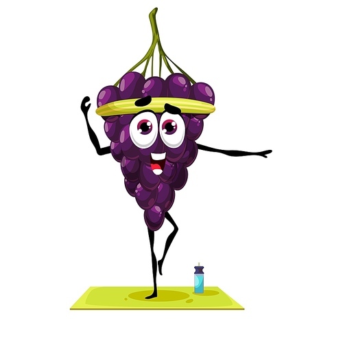 Cartoon grape character in yoga pilates pose. Comic ripe fruit vector happy smiling grape personage training in gym. Funny fruit character doing yoga or fitness exercise on mat