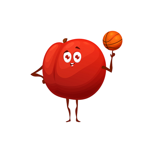 Peach fruit with basketball ball, vector cartoon food personage icon. Peach playing basketball ball, kids healthy vitamin food or kindergarten sport and athletics team mascot and emoticon