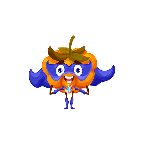 Cheerful cloudberry superhero character, cartoon vector funny berry in blue cape and mask holding power ball in hands. Brave plant super hero, vitamin fruit in cloak, fairytale healthy food personage