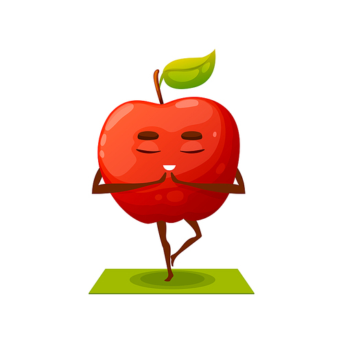 Cartoon apple fruit character standing on yoga mat on one leg isolated. Vector red healthy apple active way of life, summer fruit on sport, hobby recreation. Yoga fitness, leisure of cute emoticon