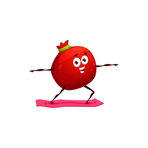 Fruit pomegranate doing sport exercise on yoga mat isolated cartoon character emoticon healthy lifestyle. Vector garnet stretching on yoga pilates, training at home or gym, exotic pomegranate mascot