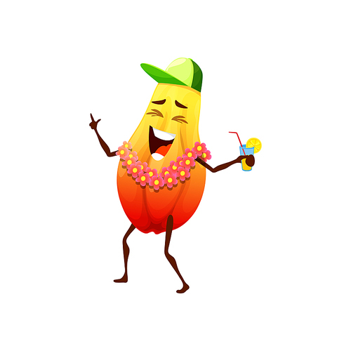 Cartoon tropical papaya fruit character with cocktail, vector personage. Papaya fruit singing or dancing on summer vacation or beach party celebration with juice drink and flowers necklace